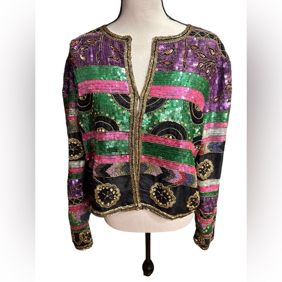 LESLIE FAY Vintage Jacket Sequin over 100%Silk Size XL good condition - Picture 4 of 7